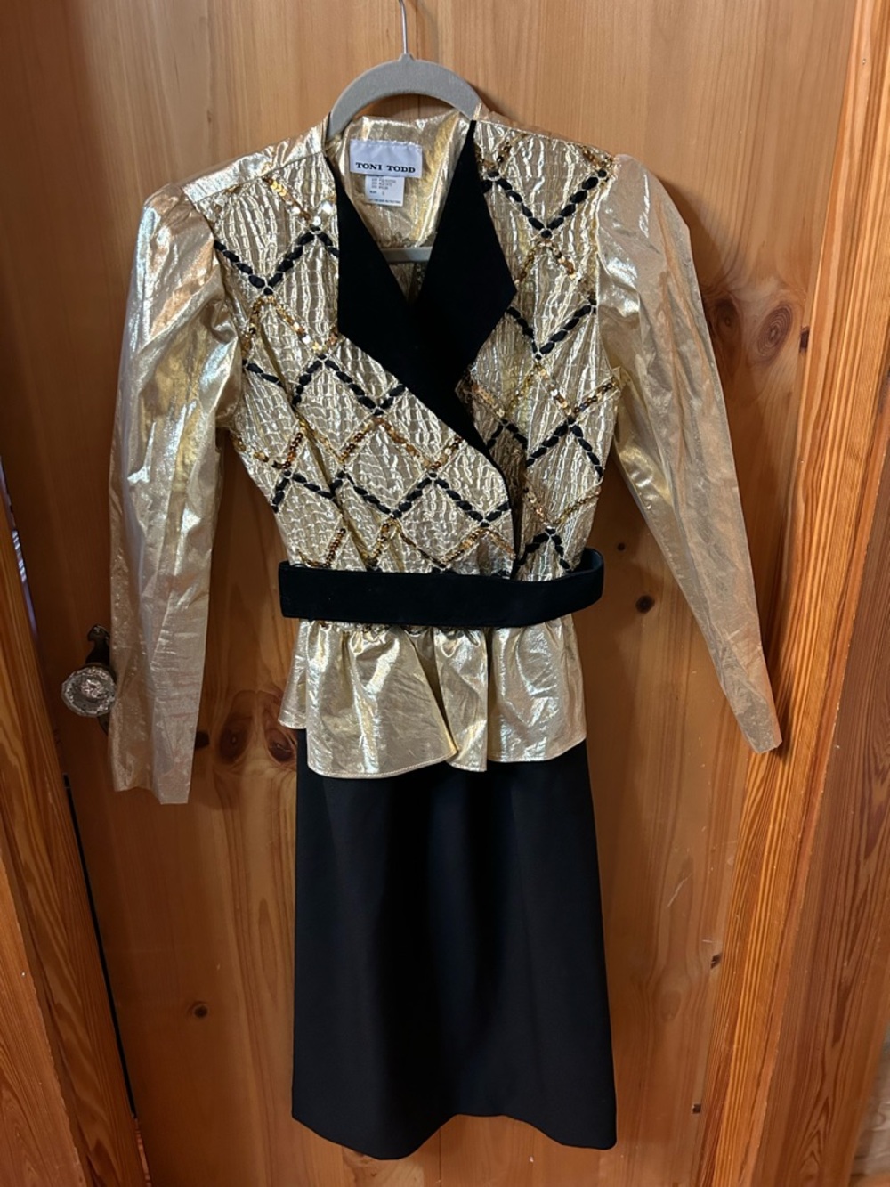 Toni Todd Gold Metallic Long-Sleeve Peplum Dress with Black Skirt